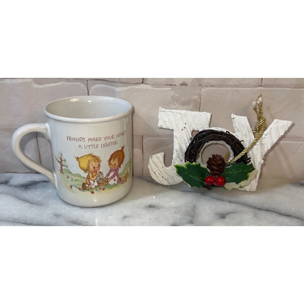 Vintage 1983 Hallmark Betsey Clark Mug Mates Coffee Cup & Joy Ornament Set